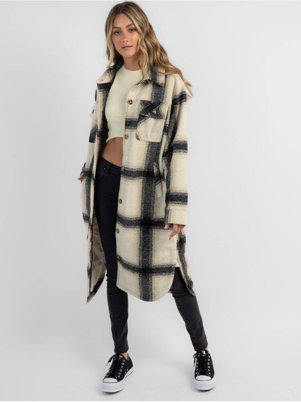 Rip Curl Cream & Black Plaid Long Shacket Coat